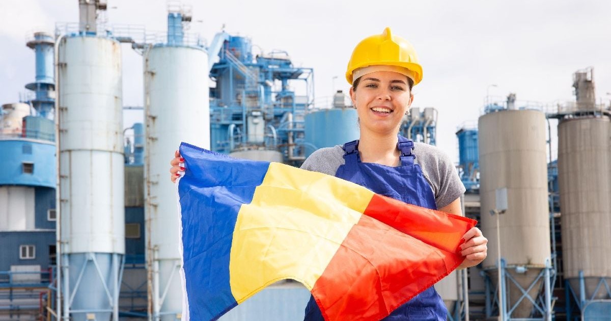 Drapelul național al României în mâinile unei fete în salopetă, pe fundalul unei uzine metalurgice moderne