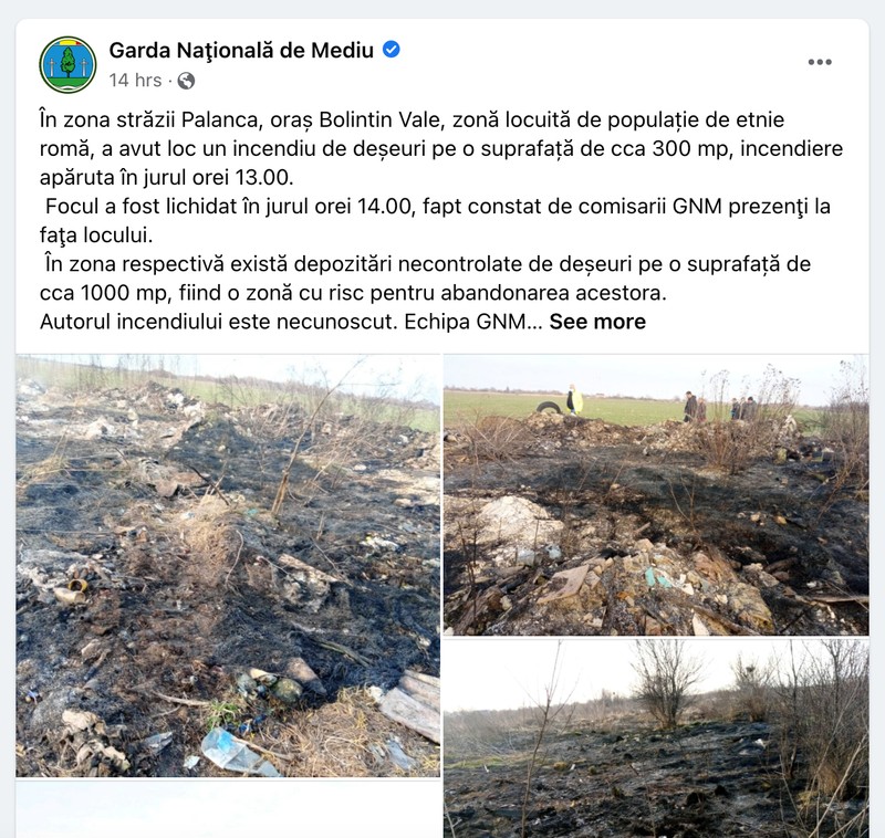 Postare de pe pagina de Facebook a Gărzii de Mediu