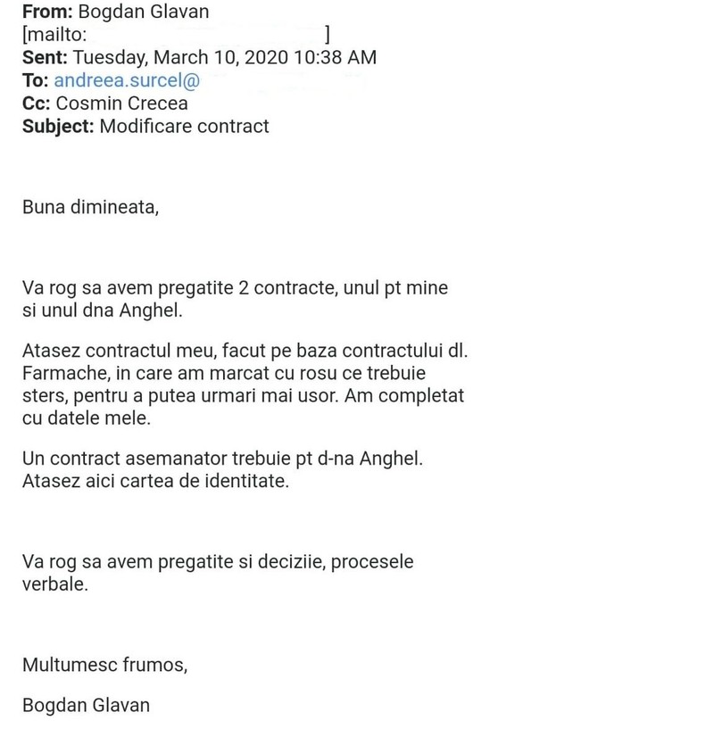 E-mailul prin care Glăvan cerea să fie făcute anticipat contractele viitorilor aleși