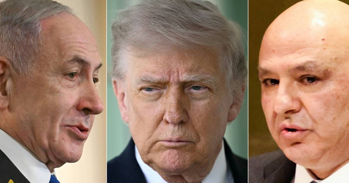 De stânga/dreapta, colaj cu prim-ministrul israelian Benjamin Netanyahu, președintele SUA Donald Trump și președintele libanez Joseph Aoun