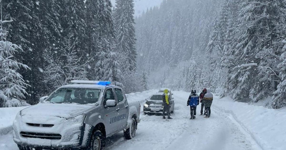 turiști înzăpeziți ajutați de jandarmii montani