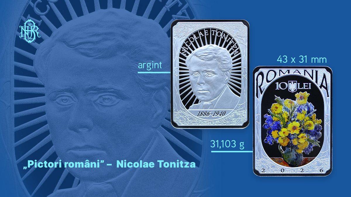 Prima monedă dreptunghiulară lansată de BNR, dedicată pictorului Nicolae Tonitza și vândută cu 1.150 de lei, lansata pe 24 august 2026