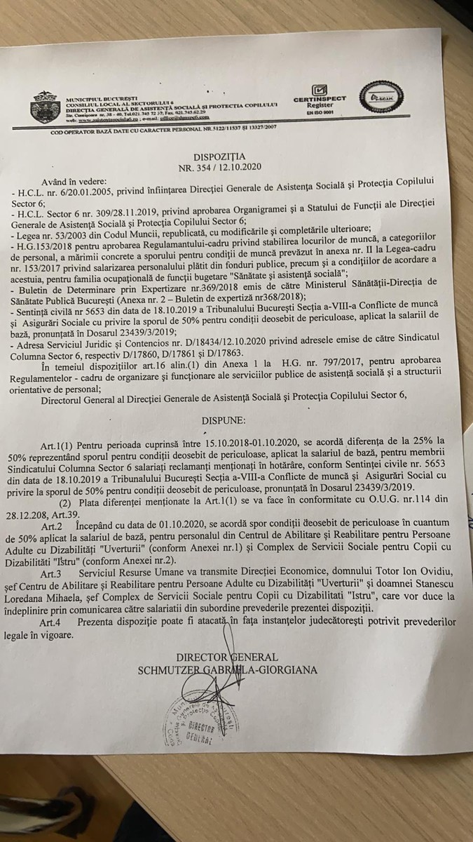 Dispoziția semnată de directoare. Angajații sunt anunțați că vor primi drepturile cuvenite