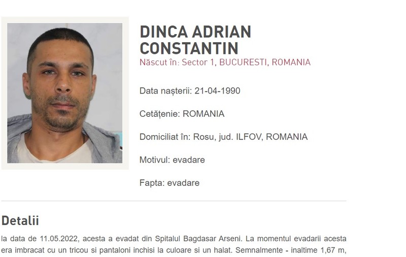 A fost prins deținutul condamnat la 23 de ani de închisoare care a fugit din Spitalul Bagdasar Arseni