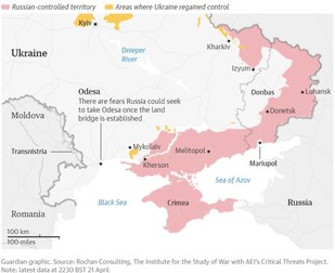 Cu roșu: zonele controlate de forțele ruse. Cu galben: zonele recuceritede trupele ucrainene. Foto: The Guardian