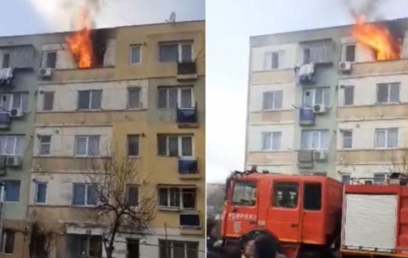 Incendiu puternic într-un bloc din Tecuci, după ce mai mulți oameni au făcut un grătar într-o cameră