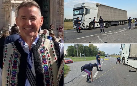 Colaj format dintr-un portret în stânga, ce prezintă un bărbat zâmbitor îmbrăcat în ie și vestă cu motive tradiționale românești, și două fotografii în dreapta ce arată echipaje de poliție cercetând locul unui accident rutier pe o șosea, unde este oprit un camion alb de marfă avariat.