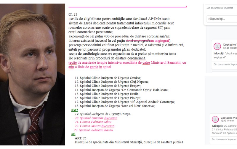 Adriana Nedelea a arătat cum a scris ministrul Sănătății „Înlocuiți: «două angiografe» cu «un angiograf»” ca să bage spitalul său Polisano Sibiu  în Acțiunile Prioritare pentru pacienții cu infarct miocardic acut!