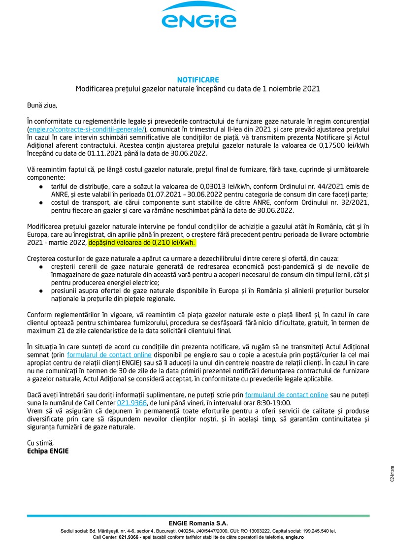 Notificarea primită de un client Engie România