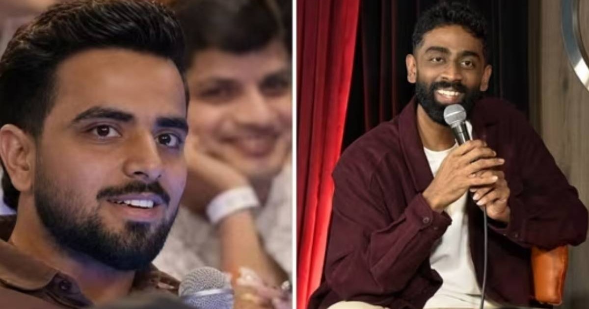 Colaj cu Himanshu Jangra, un tanar de 22 de ani in public, și comediantul Pranit More, timpul unui show de stand-up