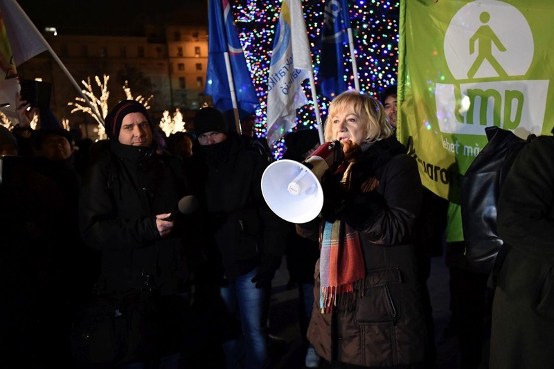 Erzsebet Schmuck, parlamentară a LMP, la un protest față de guvernul Viktor Orban, la Budapesta FOTO: EPA