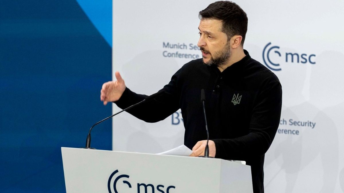 Volodimir Zelenski, președintele Ucrainei, la conferința „Sfidare și diplomație Perspective pentru viitorul Ucrainei la cea de-a 61-a Conferință de Securitate de la München, 15 februarie 2025