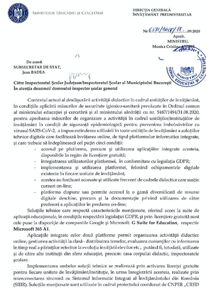 Documentul MEC trimis Inspectoratului Școlar al Municipiului București sursa: Edupedu.ro