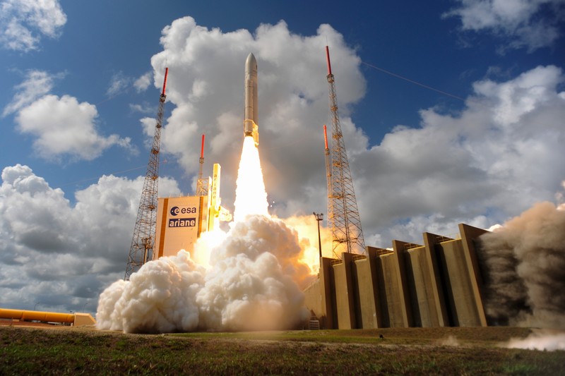 KOUROU, FRENCH GUIANA - NOVEMBER 17: In this handout provided by the European Space Agency (ESA), Ariane Flight VA233 carrying four European Galileo navigation satellites launches November 15, 2016 in Kourou, French Guiana. The satellites will be part of the European Union's civil global satellite navigation system, providing reliable precision positioning. (Photo by Stephane Corvaja/ESA via Getty Images)