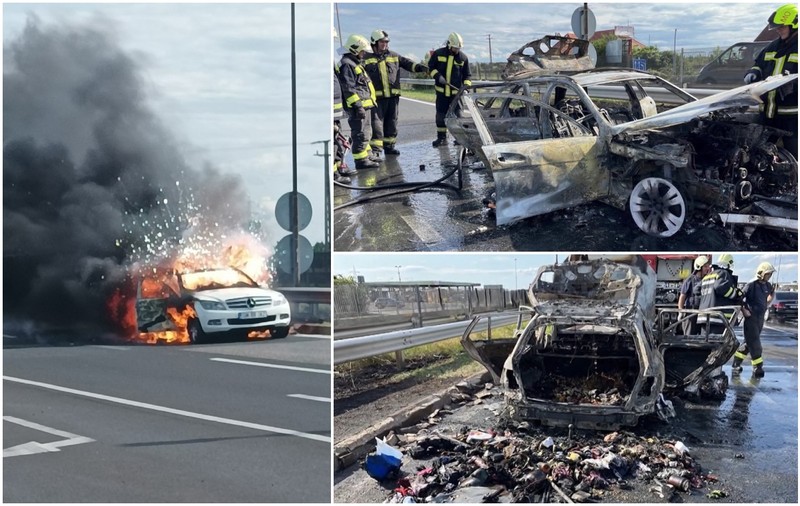 Mașina unei familii de români cu copii mici a luat foc în mers, pe autostradă, în Ungaria: „Au încercat să-l calmeze”. VIDEO