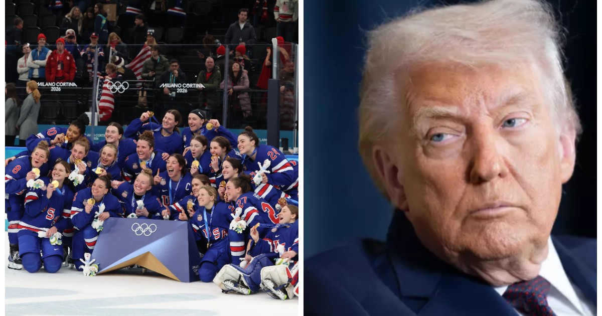 Echipa feminină de hochei pe gheață a SUA în partea stângă și Donald Trump într-un costum negru și cămașă albă, care stă serios, în partea dreaptă.