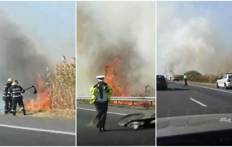 Incendiu puternic pe autostrada Bucureşti – Piteşti. Traficul este oprit