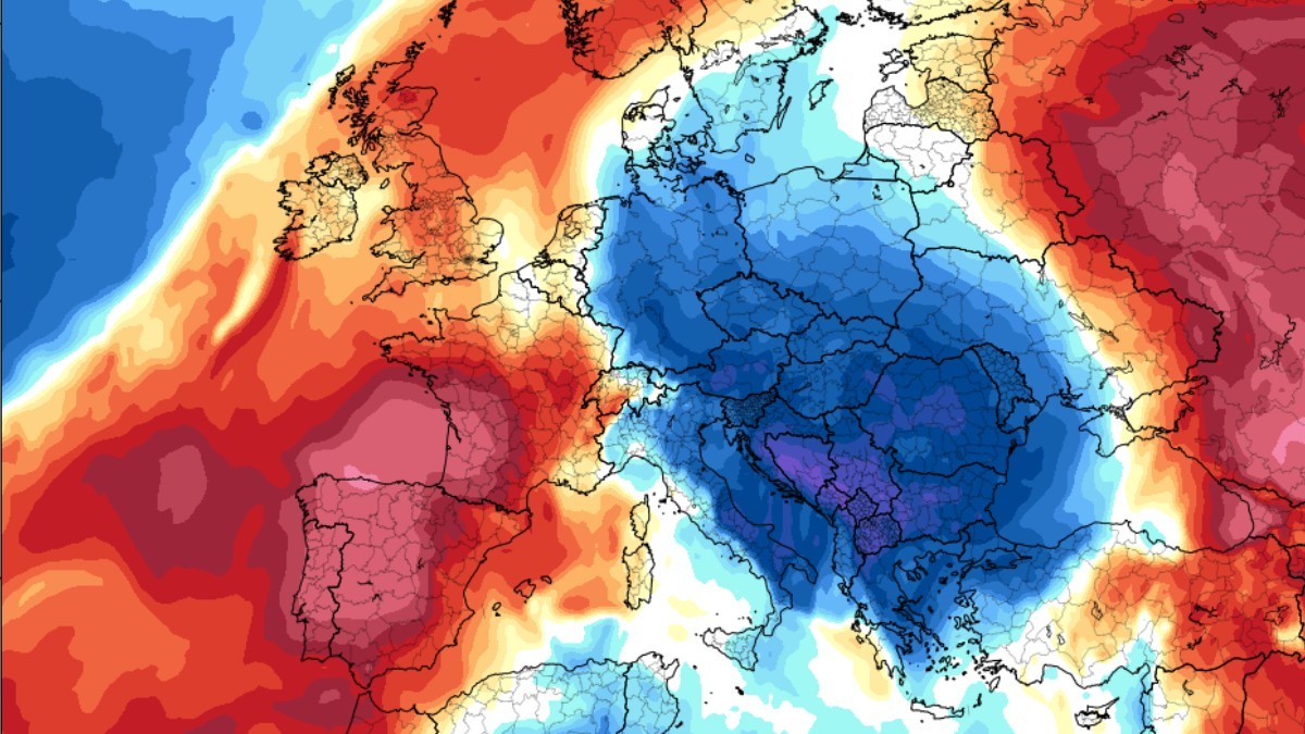 Hartă meteorologică a Europei cu distribuția temperaturilor, evidențiind o masă de aer rece reprezentată în nuanțe intense de albastru deasupra Europei Centrale și de Est.