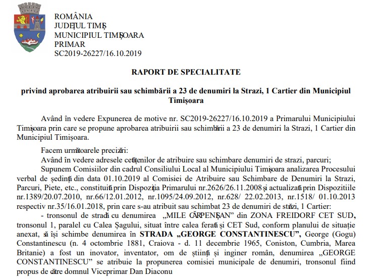 Raportul de specialitate privind atribuirea sau schimbarea a 23 de denumiri de străzi