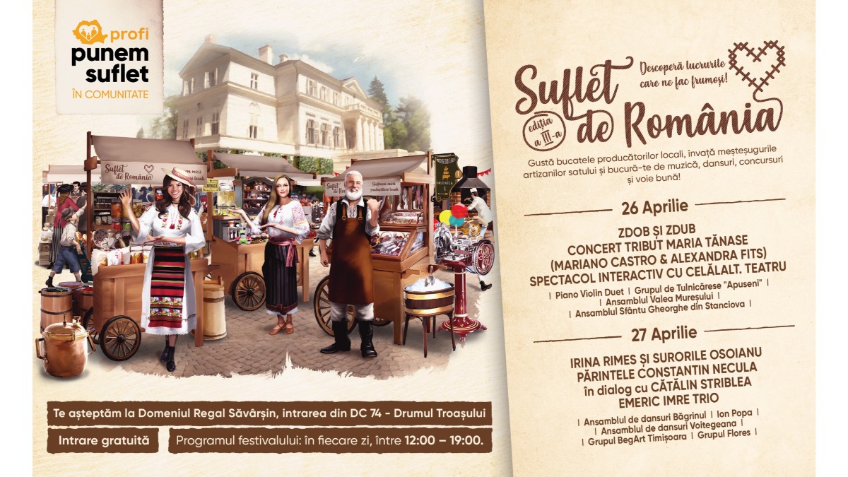 Afis festival Suflet de România. Pe partea stanga sunt persoanje desenate imbracate in costume populare aflate intr-un targ. Pe partea stanga este enuntat programul pe zile