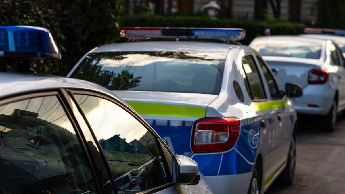 Mașină de Poliție, parcată între alte mașini pe stradă