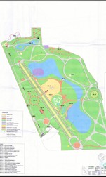 Planul proiectului de restaurare a Parcului Cișmigiu. Chenarele galbene sunt spațiile comerciale noi