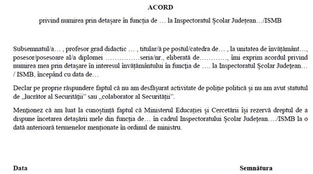 Acord privind numirea prin detașare în funcția de inspector școlar general sau adjunct. Foto: edu.ro