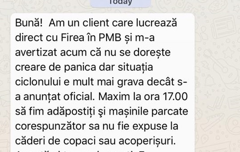 Un anunţ fals produce panică printre bucureşteni: ”Ciclonul care se aproprie e mult mai grav decât s-a anunţat!”