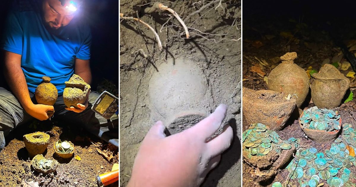 Colaj din trei fotografii, în stânga un bărbat cu o lanternă de miner pe cap, ținând în mâini două ulcele din lut, la mijloc o ulcică pe jumătate în pământ, iar în dreapta mai multe ulcele din și monede care au fost dezgropate