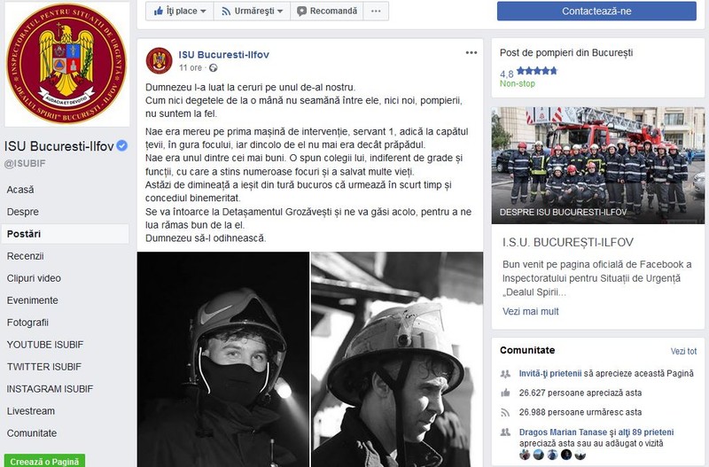 Motociclistul omorât în Capitală de un şofer era pompier! Tânărul ce avea doar 32 de ani ieşise din tură ieri dimineaţă şi se pregătea de concediu. Mesajul trnsmis de colegi pe o pagină de socializare este sfâşietor.