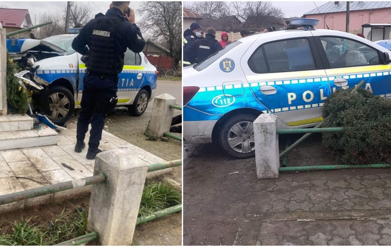 Un poliţist din Dolj a intrat cu maşina într-un monument. Un pasager a fost rănit