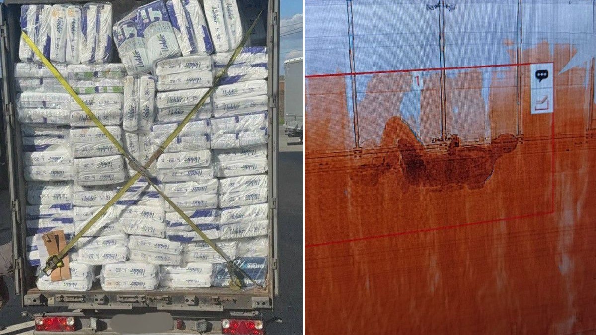 Colaj din două fotografii. În stânga, un camion deschis la spate, plin cu pachete mari albe, ambalate în plastic transparent. În dreapta, o imagine de tip scanare, pe fundalul portocaliu se distinge silueta unei persoane întinse orizontal între pachetele de marfă