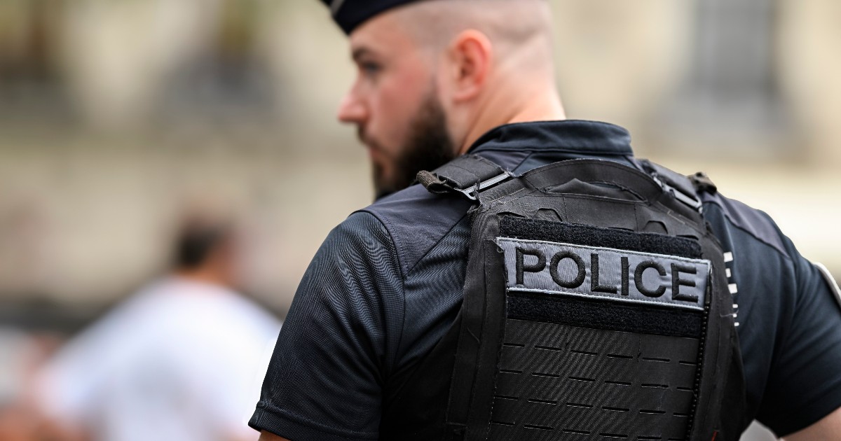 Imaginea prezintă un prim-plan din spate al unui ofițer de poliție care poartă o vestă tactică neagră pe care este scris cu litere albe cu majuscule cu chenar alb "POLICE". Ofițerul are o tunsoare scurtă (taper) și poartă o șapcă de poliție tradițională de culoare închisă.