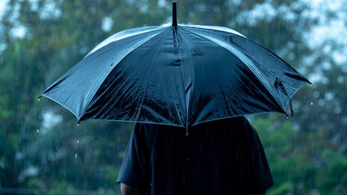Bărbat îmbrăcat în tricou, fotografiat din spate, cu o umbrelă neagră în mână, în timp ce plouă puternic, iar pe fundal se vede vegetație în blur