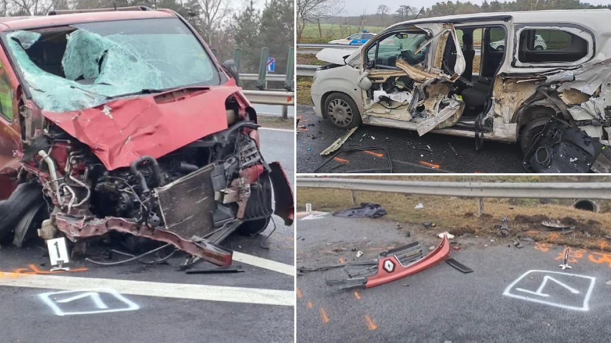 Colaj din trei fotografii care arată urmările unui accident grav pe o autostradă, cu mașini avariate și resturi împrăștiate pe șosea