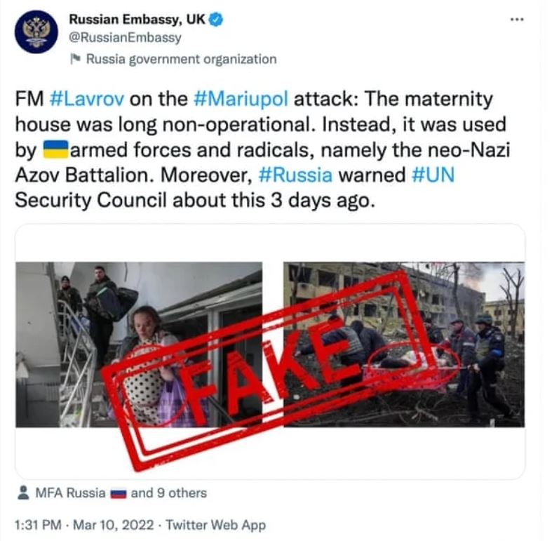 Postarea Ambasadei Ruse în care acuză un fake news. În stânga, bloggerița Mariana care a supraviețuit, în dreapta, femeia care a murit după ce a născut