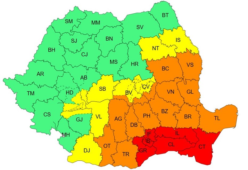 Harta județelor afectate de avertizările cod roșu, galben și portocaliu. Foto: ANM
