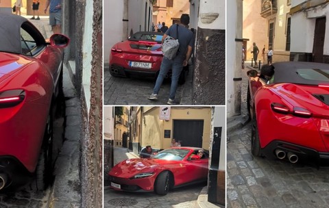 Colaj de patru cadre ce surprind un Ferrari roșu blocat pe o stradă extrem de îngustă cu pavaj din piatră cubică.