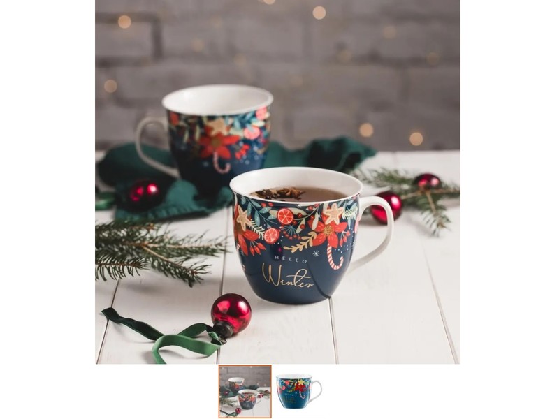 Cană din porțelan, Hello Winter Holly, 11 cm, 550 ml, albastră