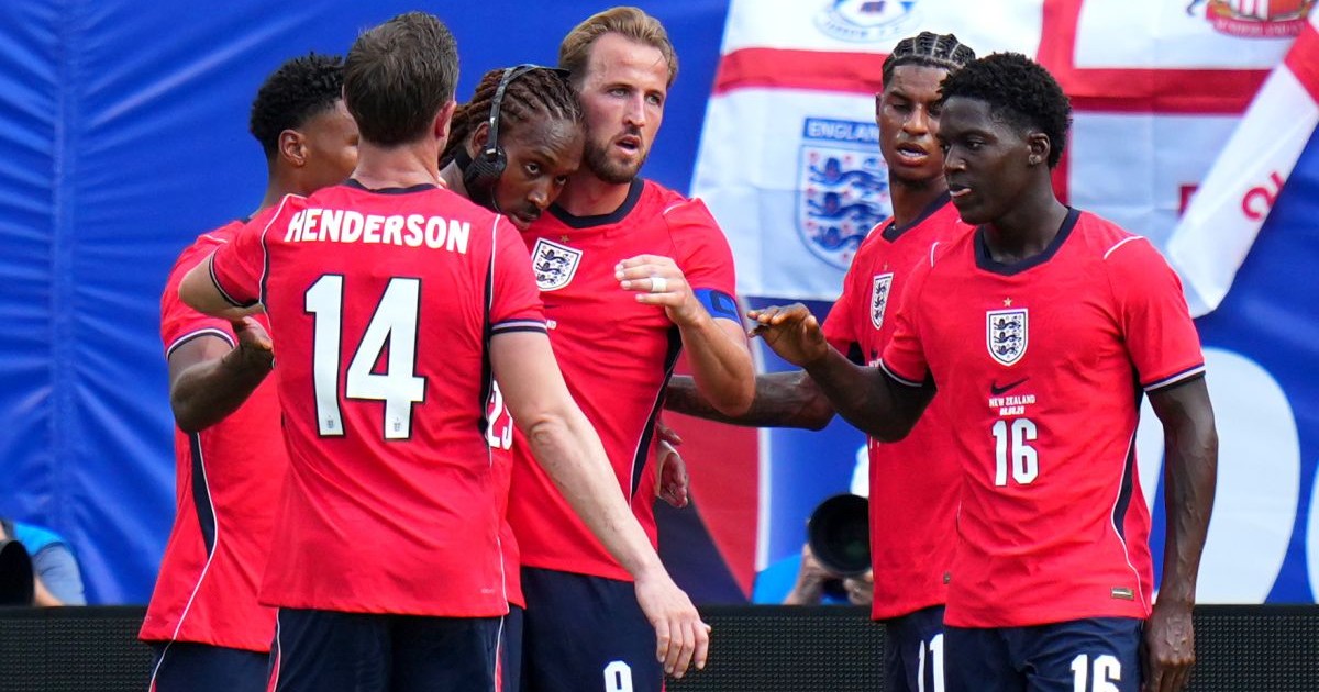 TAMPA, FLORIDA - JUNE 06: Harry Kane #9 of England celebrates scoring his team's first goal with teammates during the international friendly match between England and New Zealand at Raymond James Stadium on June 06, 2026 in Tampa, Florida. (Photo by Rich Storry/Getty Images)