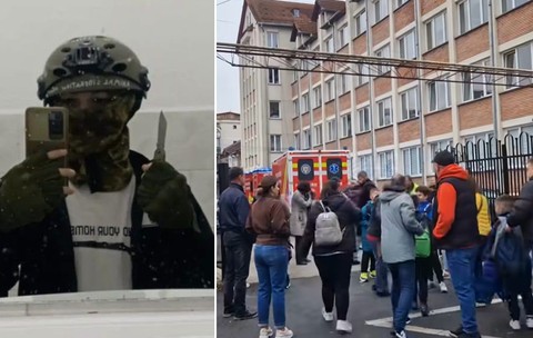 Colaj din două cadre: în stânga, o persoană care își face un selfie purtând o cască tactică militară, mască de camuflaj și ținând un cuțit, iar în dreapta, o mulțime de oameni adunați în fața unei școli lângă o ambulanță parcată.