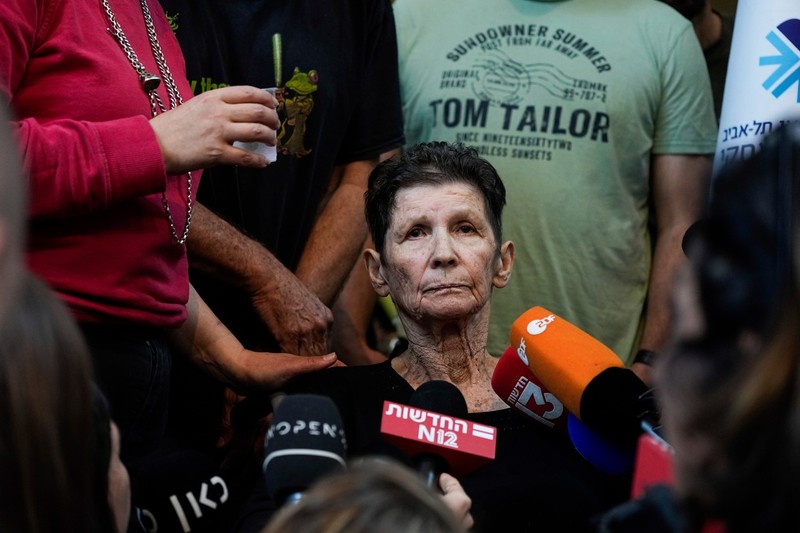 Yocheved Lifshitz, 85, who was held hostage in Gaza after being abducted during Hamas' bloody Oct. 7 attack on Israel, speaks to members of the press a day after being released by Hamas militants, at Ichilov Hospital in Tel Aviv, Israel, Tuesday, Oct. 24, 2023.,Image: 816266717, License: Rights-managed, Restrictions: This content is intended for editorial use only. For other uses, additional clearances may be required., Model Release: no