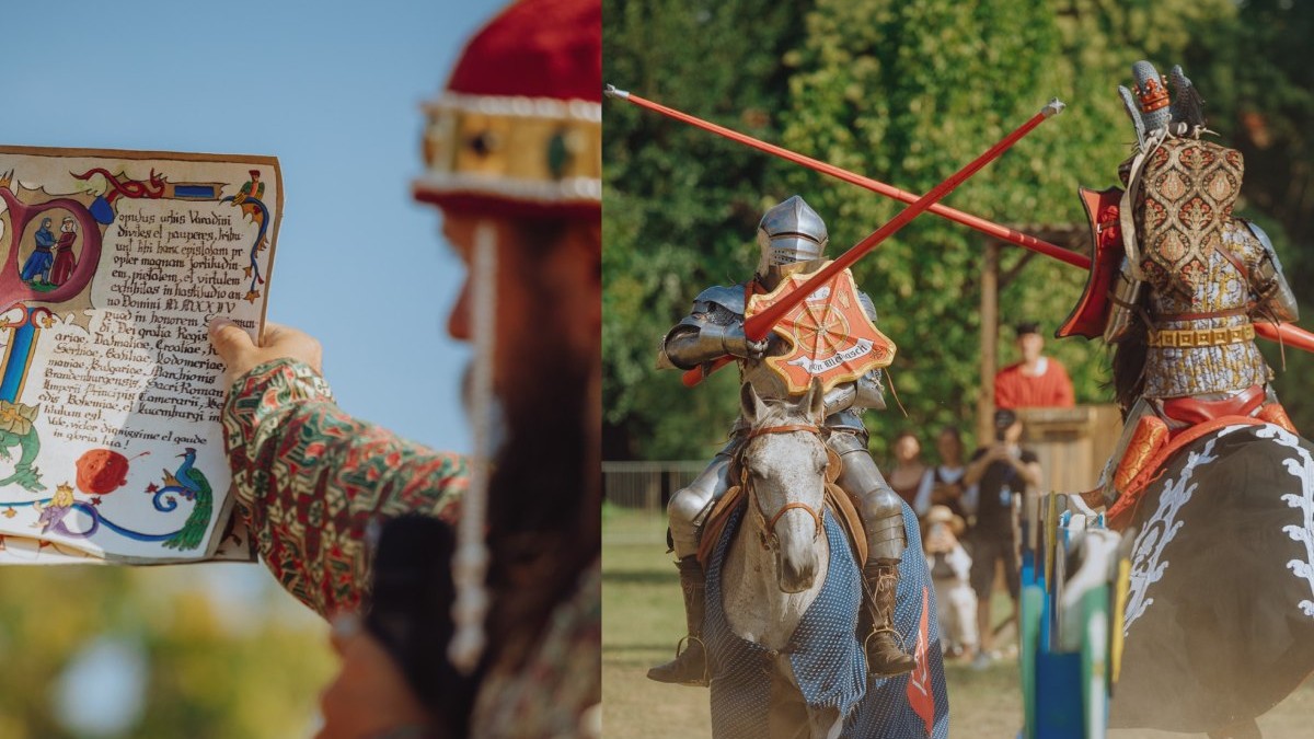 Colaj: În stânga: un bărbat îmbrăcat în haine medievale ține în mână niște hârtii/ În dreapta: Doi cavaleri se întrec într-un turnir