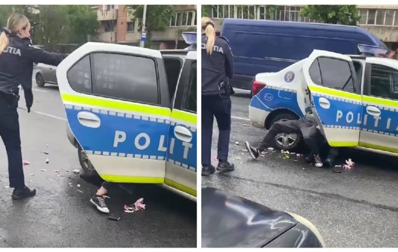 O polițistă din Cluj îi dă cu spray lacrimogen în față colegului său, care se chinuie să imobilizeze un bărbat care agresase trei copii | VIDEO