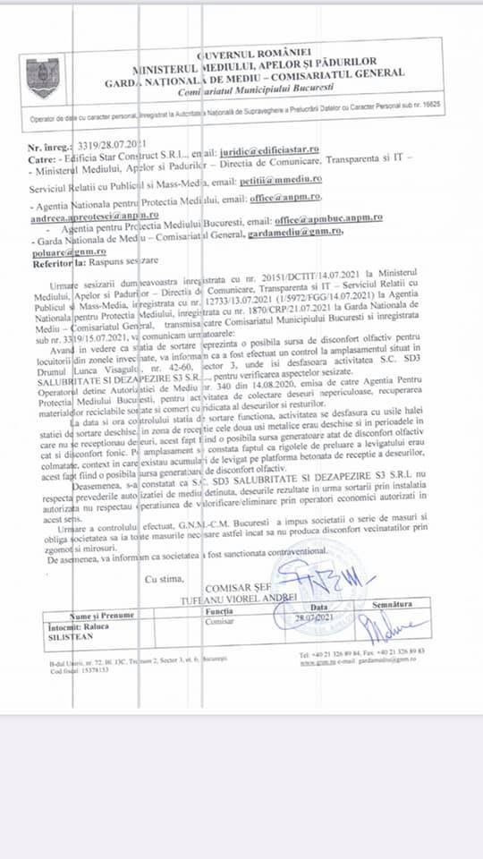 Răspunsul Gărzii de Mediu pentru firma Edificia Star Construct, în care arată că societatea Primăriei Sector 3 a fost amendată