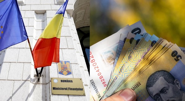 Clădirea Ministerului finantelor din România, steagul UE și al României //  bancnote lei ținute în mână