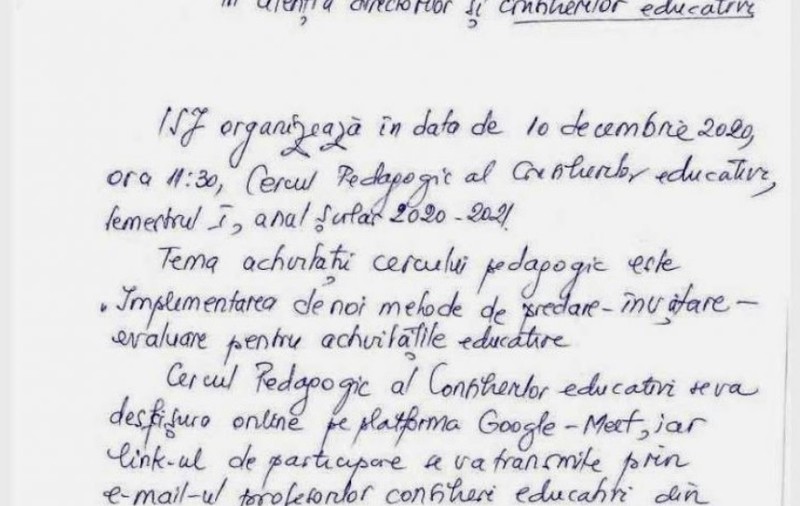 IȘJ Dolj le-a trimis directorilor unităților de învățământ preuniversitar o notă telefonică scrisă cu pixul