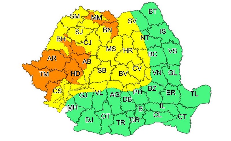Codul portocaliu de ploi torențiale este valabil din 15 septembrie, ora 17.00 și până pe 16 septembrie, ora 12.00Codul galben de ploi este valabil din 15 septembrie, ora 14.00 și până pe 16 septembrie, ora 21.00