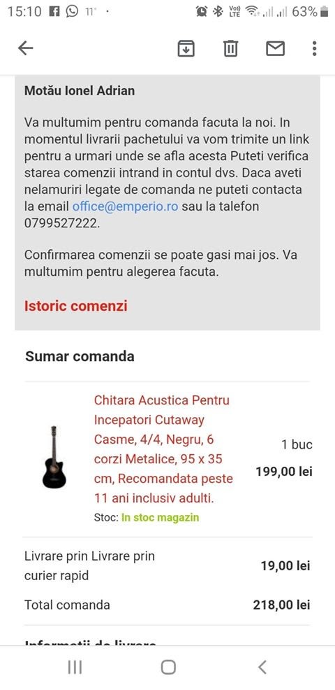 Comanda făcută de Adrian pentru o chitară Cutaway Casme, neagră