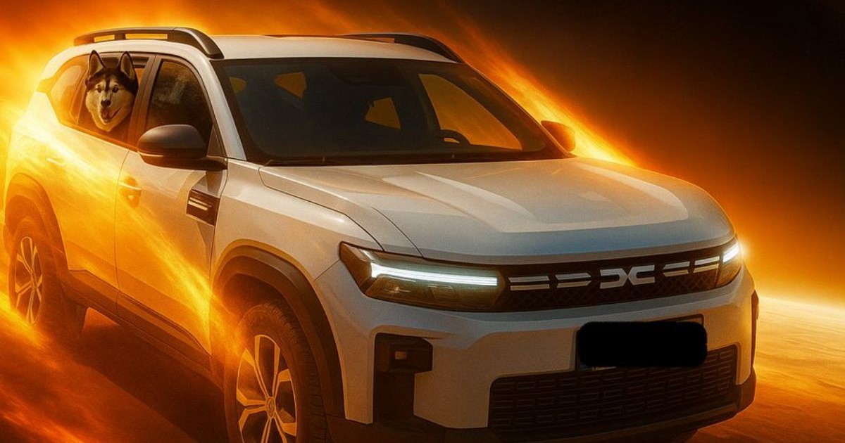 Dacia Bigster, fotografie editata, intunecata, care arata SUV-ul in miscare, cu "raze" groase portocalii iesind din cauciucuri si un caine Husky pe geam, in spate. imagine creativa